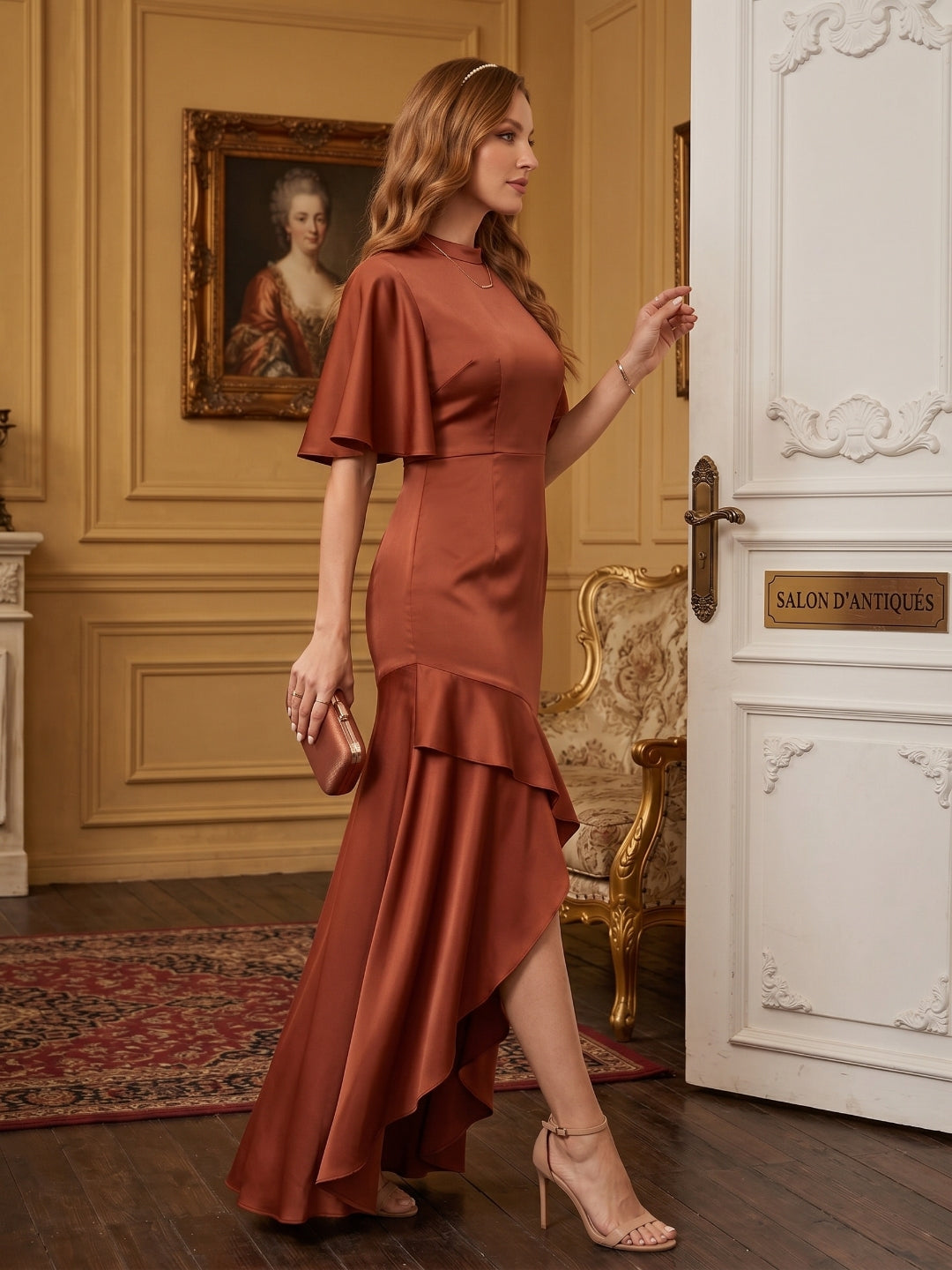 Elegant Rust Matte Satin mermaid Scoop Neck Back Zip Asymmetrical Bridesmaid Dress - Curvevia