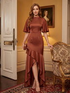 Elegant Rust Matte Satin mermaid Scoop Neck Back Zip Asymmetrical Bridesmaid Dress - Curvevia