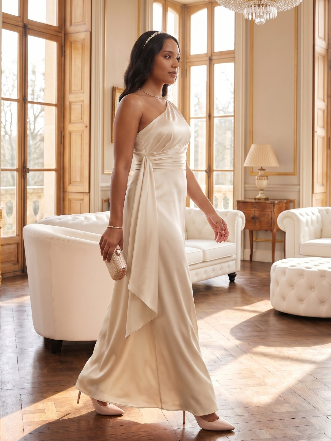 Elegant Sand Satin A-Line One Shoulder Side Zip Ankle-Length Bridesmaid Dress - Curvevia