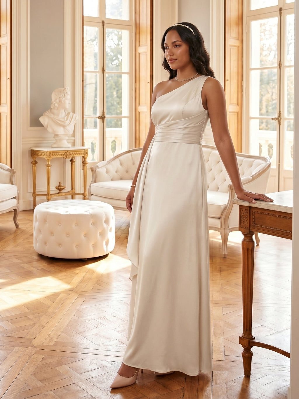 Elegant Sand Satin A-Line One Shoulder Side Zip Ankle-Length Bridesmaid Dress - Curvevia