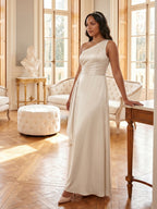 Elegant Sand Satin A-Line One Shoulder Side Zip Ankle-Length Bridesmaid Dress - Curvevia