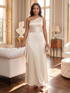 Elegant Sand Satin A-Line One Shoulder Side Zip Ankle-Length Bridesmaid Dress - Curvevia