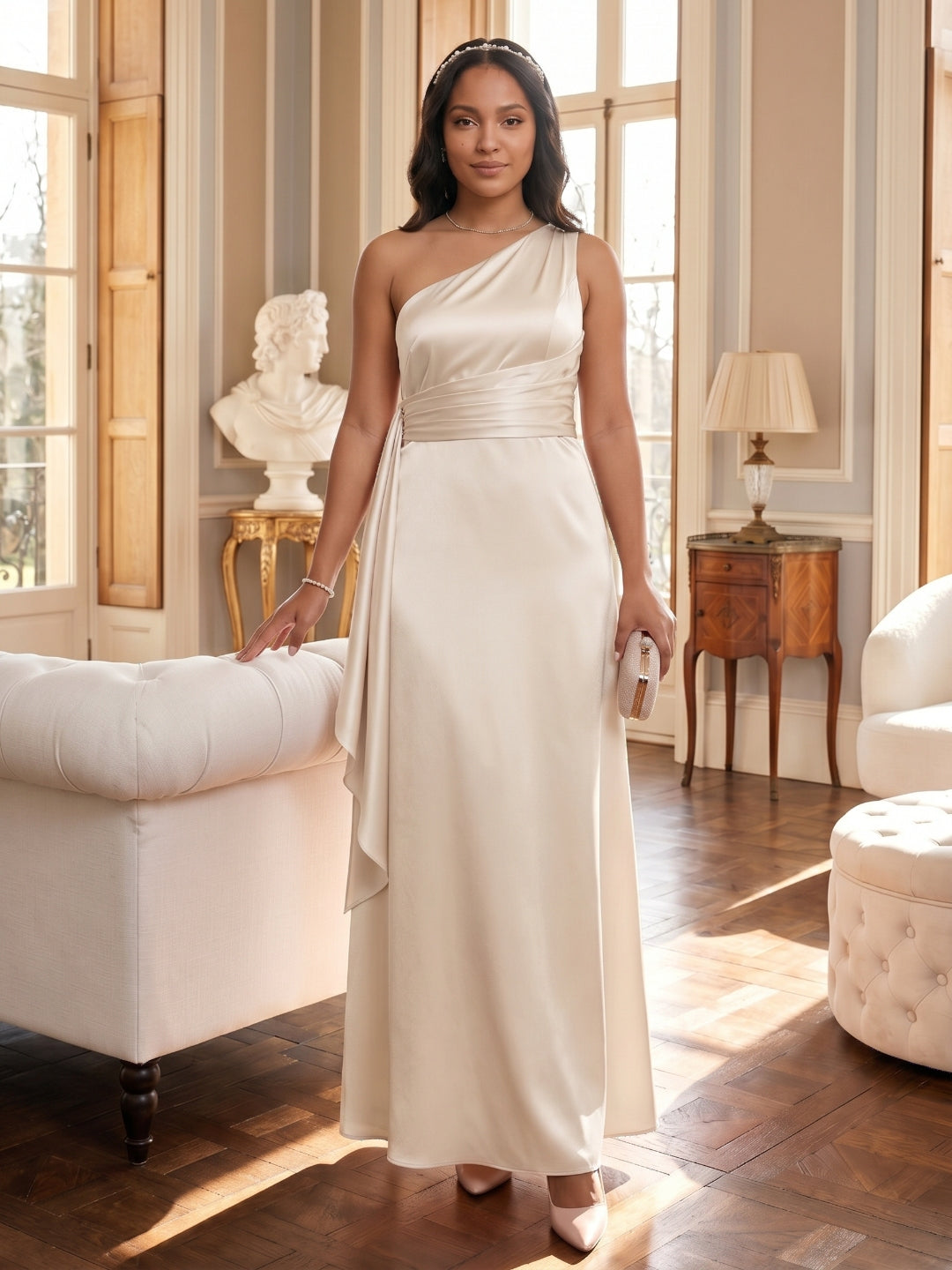 Elegant Sand Satin A-Line One Shoulder Side Zip Ankle-Length Bridesmaid Dress - Curvevia