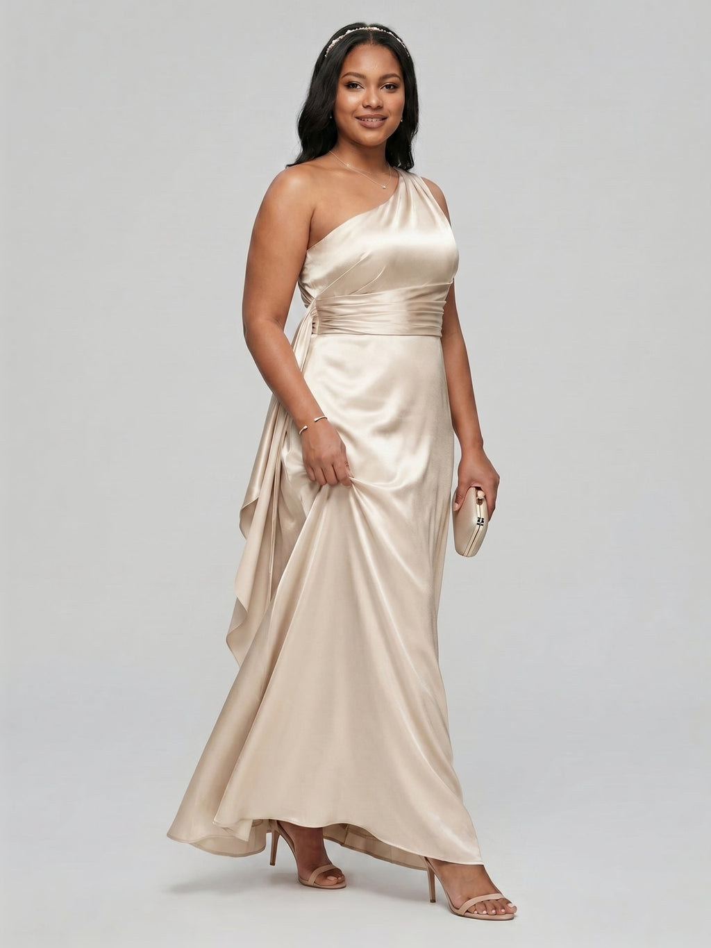 Elegant Sand Satin A-Line One Shoulder Side Zip Ankle-Length Bridesmaid Dress - Curvevia