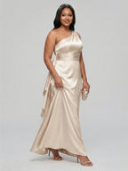 Elegant Sand Satin A-Line One Shoulder Side Zip Ankle-Length Bridesmaid Dress - Curvevia
