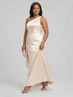 Elegant Sand Satin A-Line One Shoulder Side Zip Ankle-Length Bridesmaid Dress - Curvevia