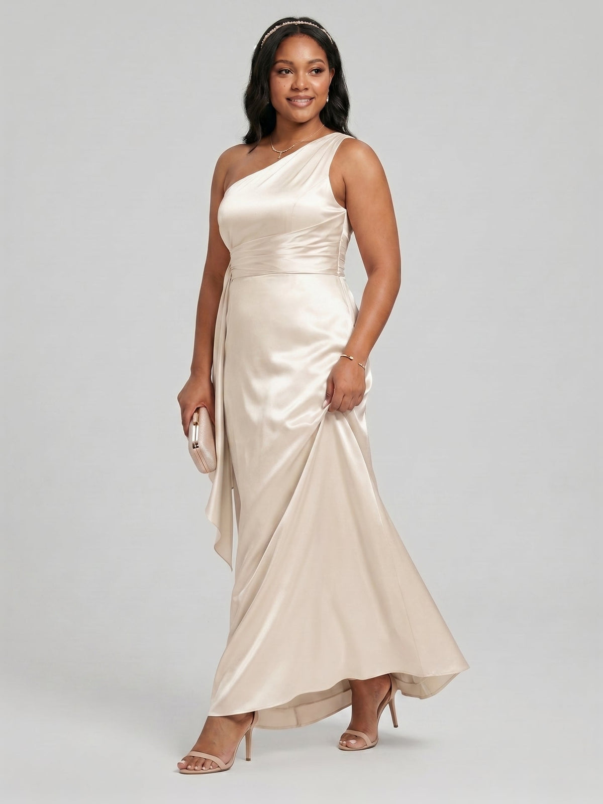 Elegant Sand Satin A-Line One Shoulder Side Zip Ankle-Length Bridesmaid Dress - Curvevia