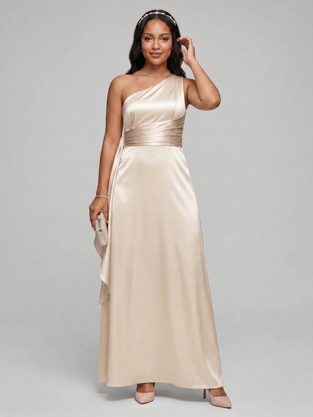 Elegant Sand Satin A-Line One Shoulder Side Zip Ankle-Length Bridesmaid Dress - Curvevia