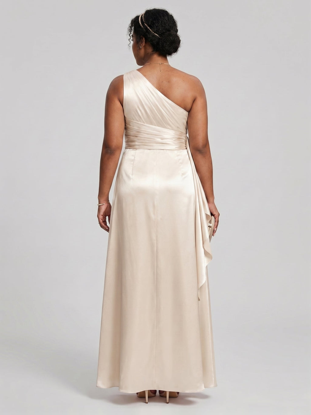 Elegant Sand Satin A-Line One Shoulder Side Zip Ankle-Length Bridesmaid Dress - Curvevia