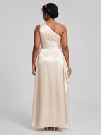 Elegant Sand Satin A-Line One Shoulder Side Zip Ankle-Length Bridesmaid Dress - Curvevia