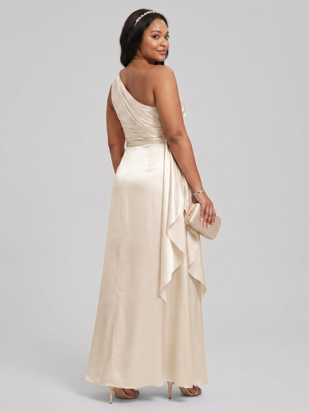 Elegant Sand Satin A-Line One Shoulder Side Zip Ankle-Length Bridesmaid Dress - Curvevia