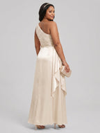 Elegant Sand Satin A-Line One Shoulder Side Zip Ankle-Length Bridesmaid Dress - Curvevia