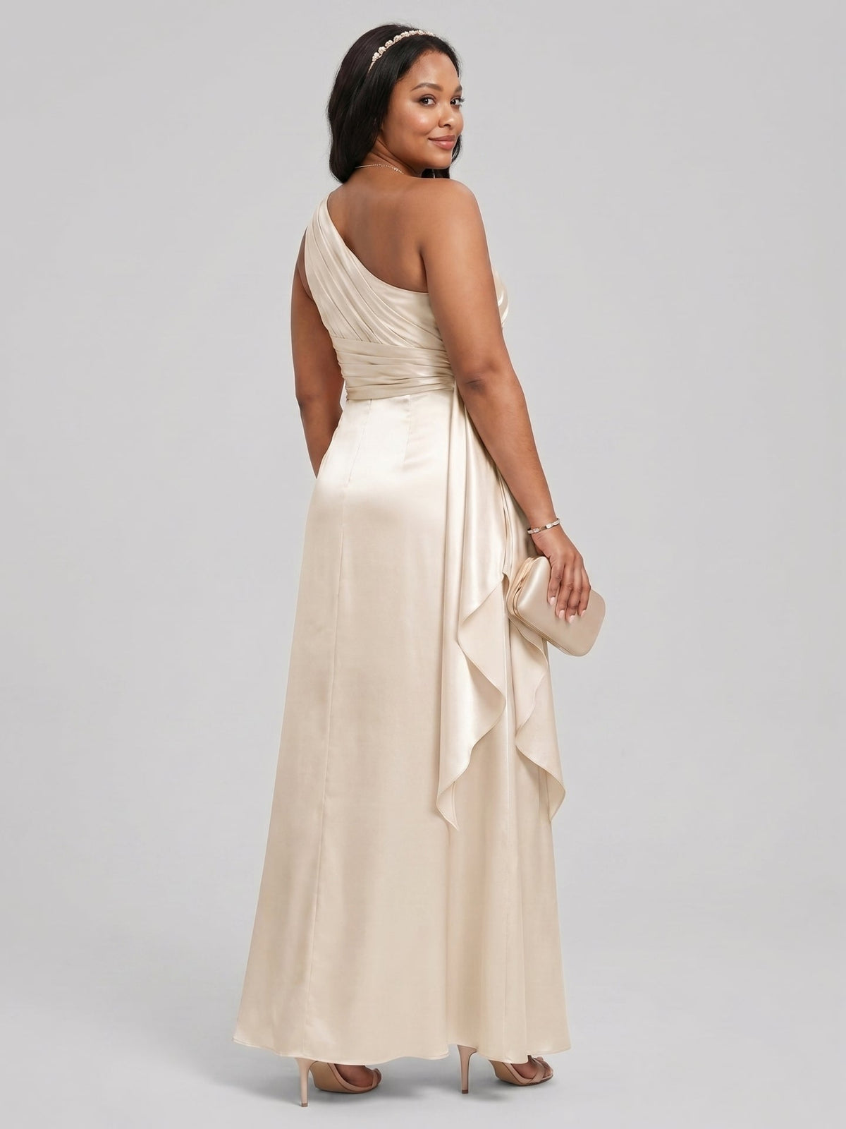 Elegant Sand Satin A-Line One Shoulder Side Zip Ankle-Length Bridesmaid Dress - Curvevia