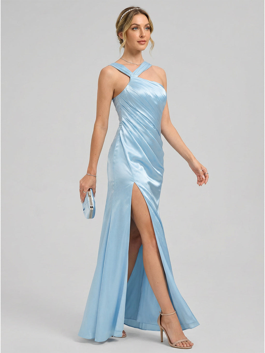 Elegant Sky Blue Satin Trumpet One Shoulder Side Zip Ankle-Length Bridesmaid Dress - Curvevia