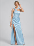 Elegant Sky Blue Satin Trumpet One Shoulder Side Zip Ankle-Length Bridesmaid Dress - Curvevia