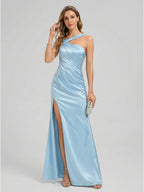 Elegant Sky Blue Satin Trumpet One Shoulder Side Zip Ankle-Length Bridesmaid Dress - Curvevia