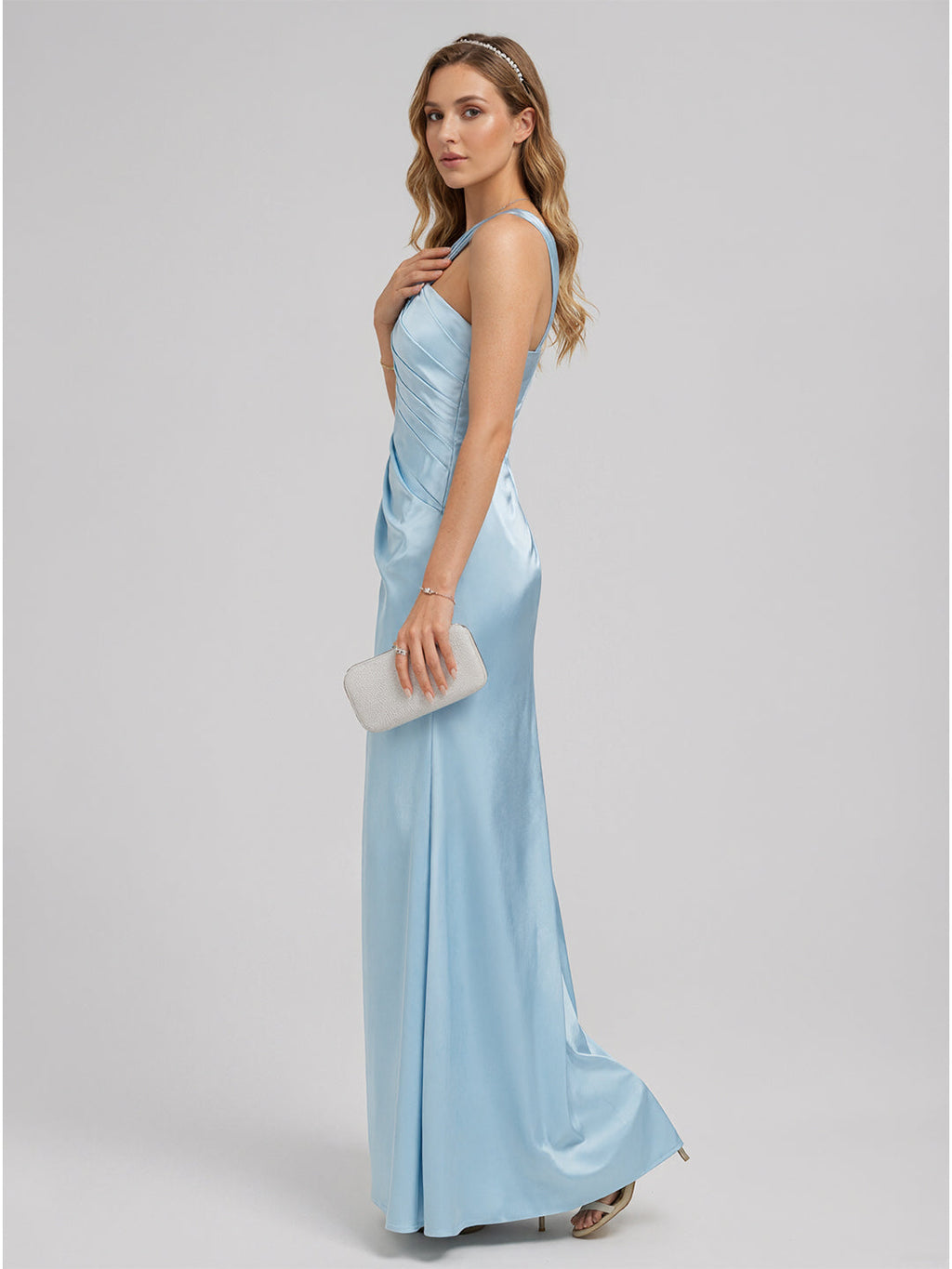 Elegant Sky Blue Satin Trumpet One Shoulder Side Zip Ankle-Length Bridesmaid Dress - Curvevia