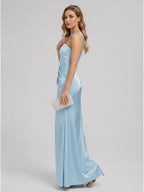 Elegant Sky Blue Satin Trumpet One Shoulder Side Zip Ankle-Length Bridesmaid Dress - Curvevia