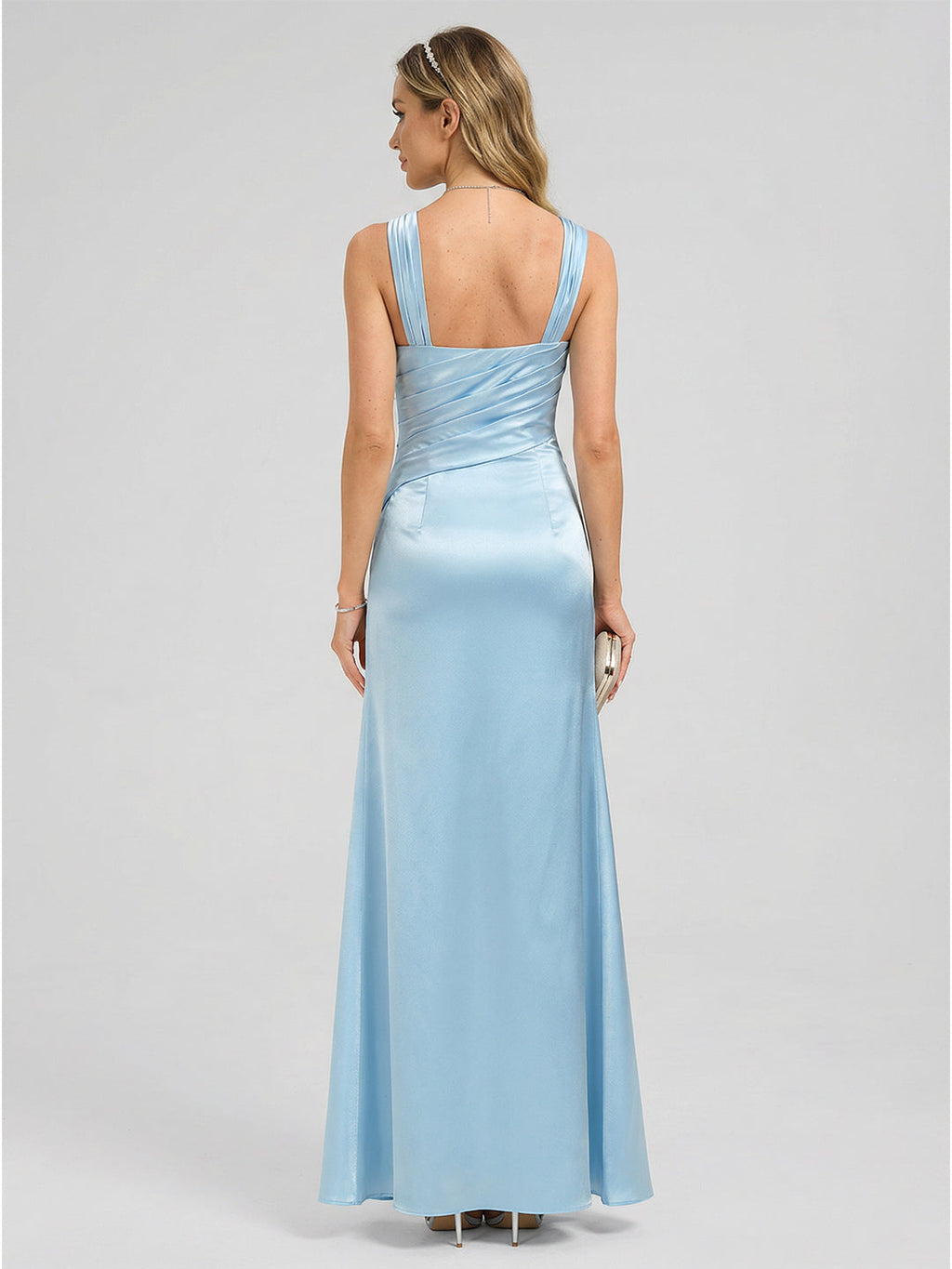 Elegant Sky Blue Satin Trumpet One Shoulder Side Zip Ankle-Length Bridesmaid Dress - Curvevia