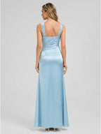 Elegant Sky Blue Satin Trumpet One Shoulder Side Zip Ankle-Length Bridesmaid Dress - Curvevia