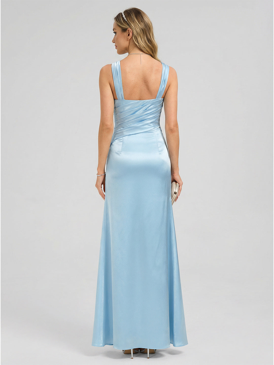 Elegant Sky Blue Satin Trumpet One Shoulder Side Zip Ankle-Length Bridesmaid Dress - Curvevia