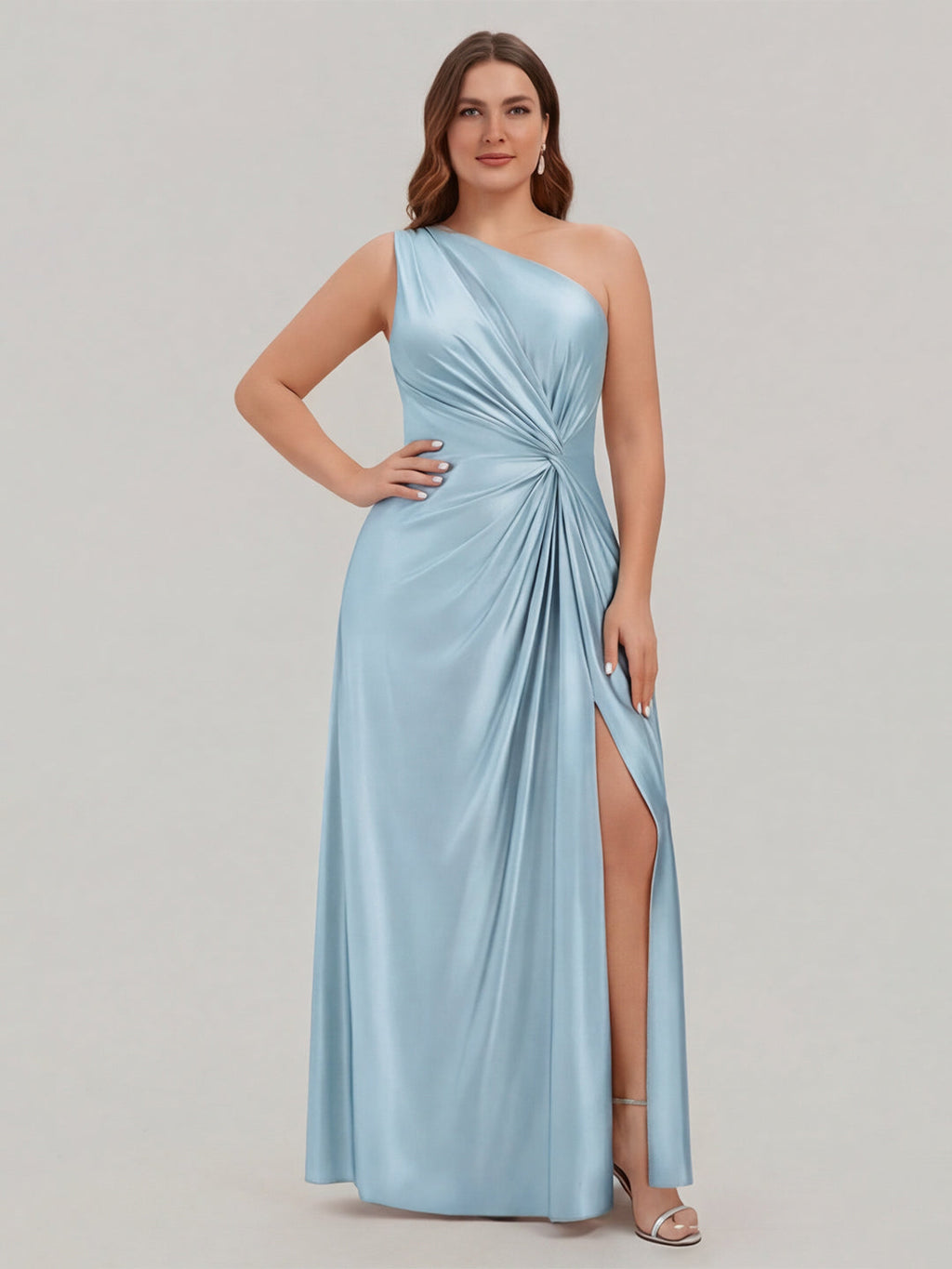 Elegant Sky Blue Satin A-Line One Shoulder Side Zip Ankle-Length Plus Size Bridesmaid Dress - Curvevia