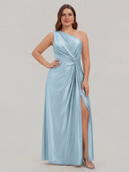 Elegant Sky Blue Satin A-Line One Shoulder Side Zip Ankle-Length Plus Size Bridesmaid Dress - Curvevia