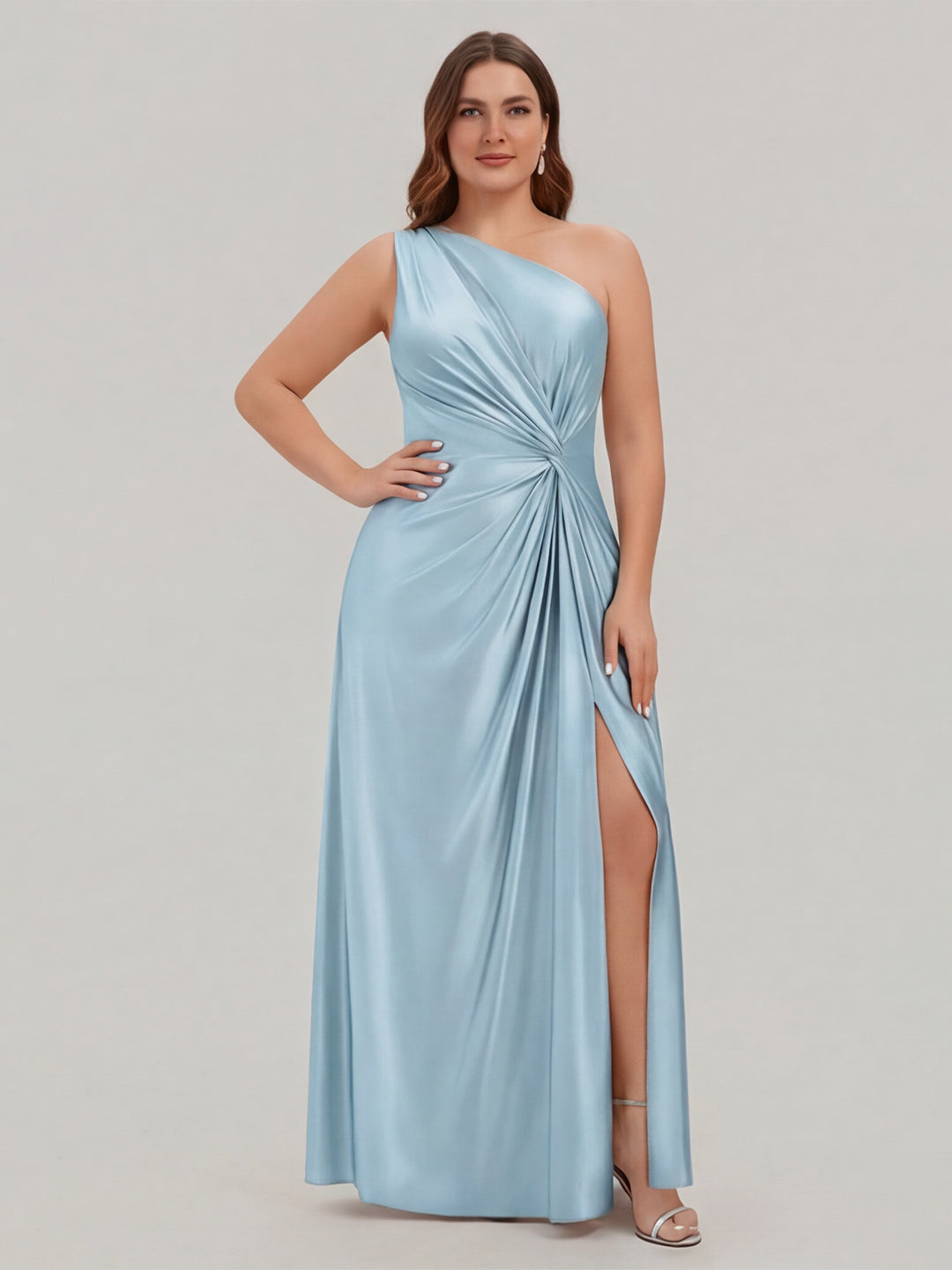 Elegant Sky Blue Satin A-Line One Shoulder Side Zip Ankle-Length Plus Size Bridesmaid Dress - Curvevia