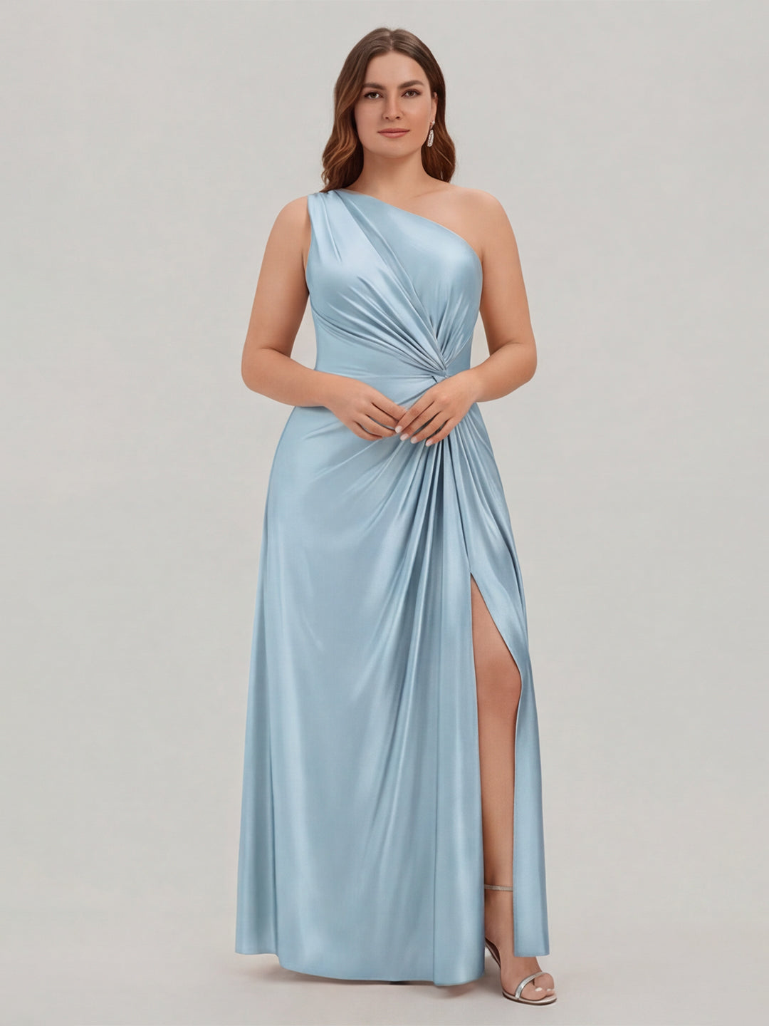 Elegant Sky Blue Satin A-Line One Shoulder Side Zip Ankle-Length Plus Size Bridesmaid Dress - Curvevia