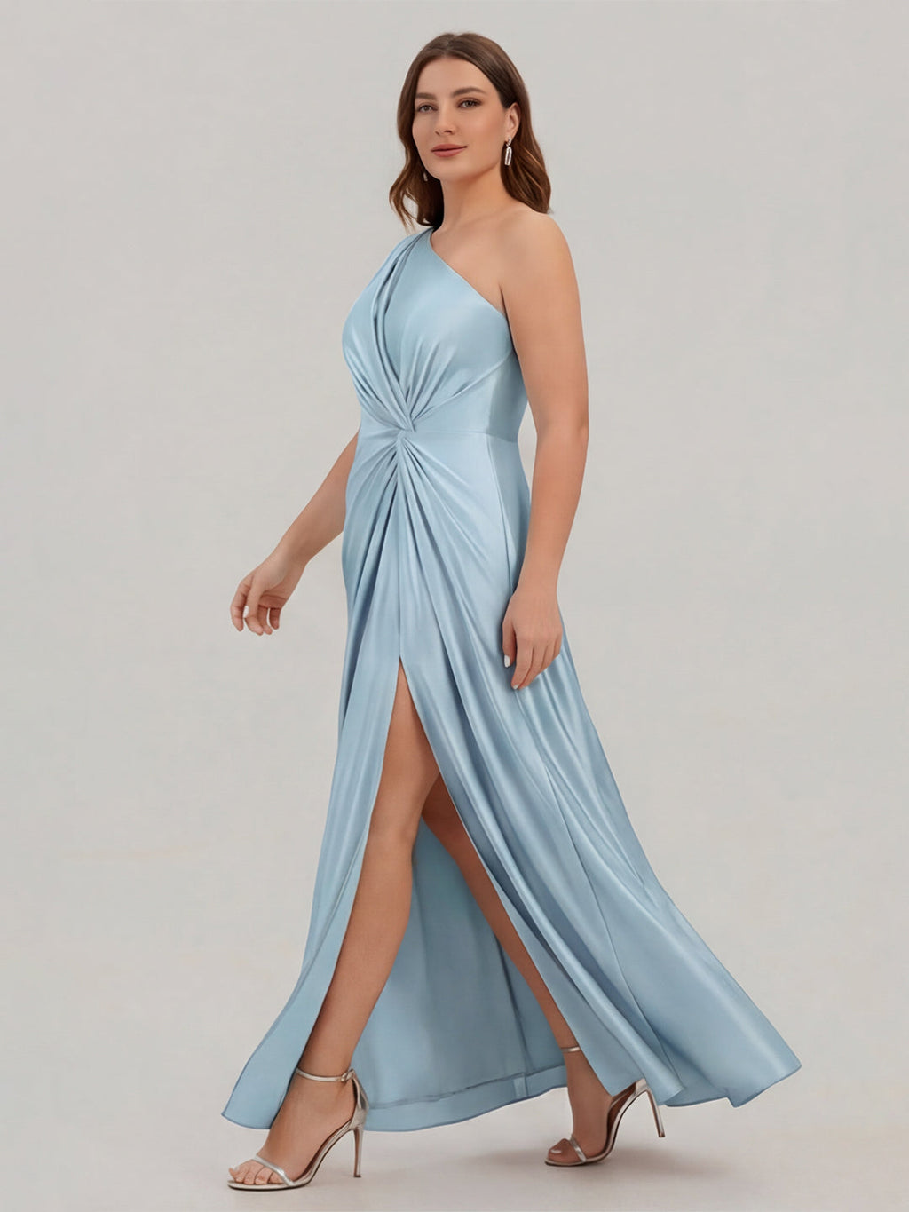 Elegant Sky Blue Satin A-Line One Shoulder Side Zip Ankle-Length Plus Size Bridesmaid Dress - Curvevia