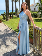 Elegant Sky Blue Satin A-Line One Shoulder Side Zip Ankle-Length Plus Size Bridesmaid Dress - Curvevia