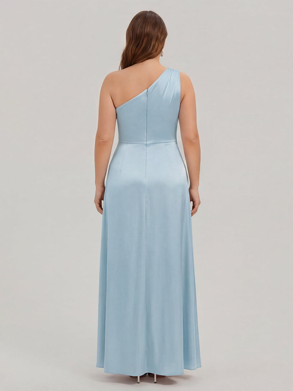 Elegant Sky Blue Satin A-Line One Shoulder Side Zip Ankle-Length Plus Size Bridesmaid Dress - Curvevia
