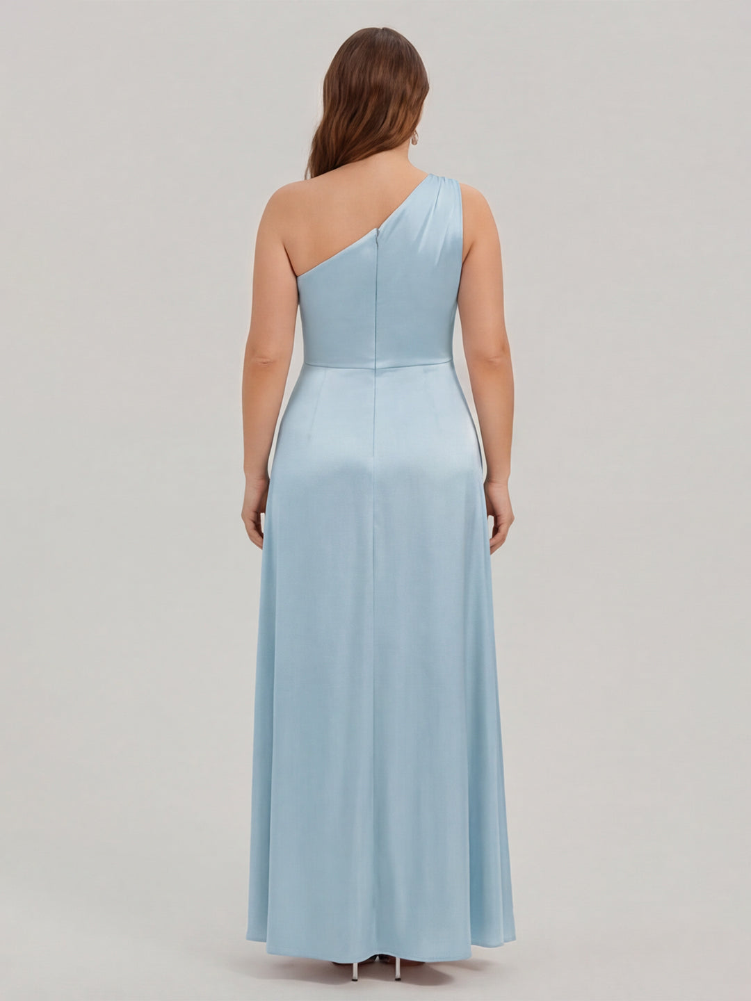 Elegant Sky Blue Satin A-Line One Shoulder Side Zip Ankle-Length Plus Size Bridesmaid Dress - Curvevia