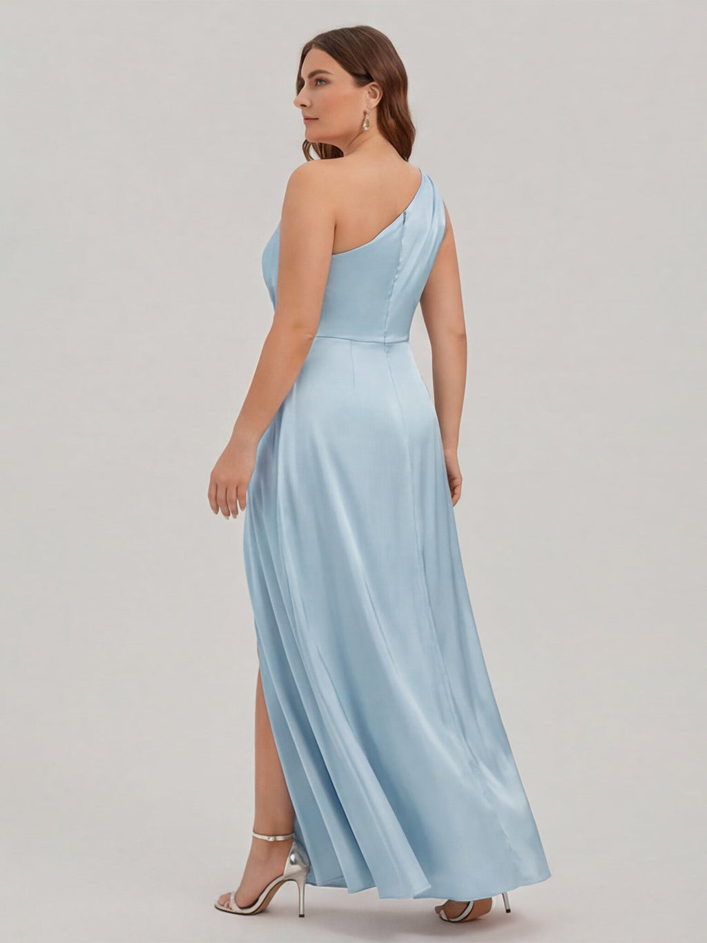 Elegant Sky Blue Satin A-Line One Shoulder Side Zip Ankle-Length Plus Size Bridesmaid Dress - Curvevia