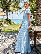 Elegant Sky Blue Satin Sheath V-Neck Lace-up Ankle-Length Bridesmaid Dress - Curvevia