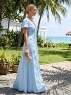 Elegant Sky Blue Satin Sheath V-Neck Lace-up Ankle-Length Bridesmaid Dress - Curvevia
