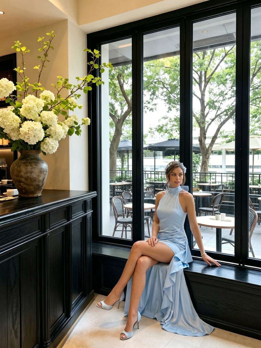 Elegant Sky Blue Satin column Halter neckline Back Zip with Bow Ankle-Length Bridesmaid Dress - Curvevia