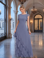 Elegant Stormy Chiffon A-Line Scoop Neck Back Zip Ruffle Ankle-Length Bridesmaid Dress - Curvevia