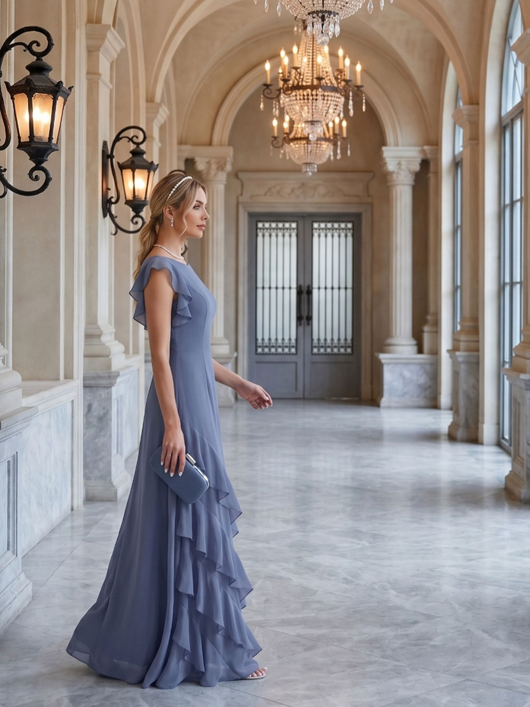 Elegant Stormy Chiffon A-Line Scoop Neck Back Zip Ruffle Ankle-Length Bridesmaid Dress - Curvevia