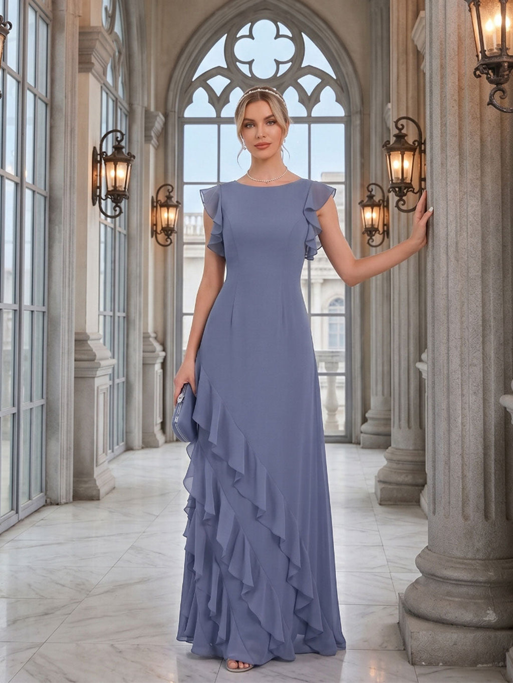 Elegant Stormy Chiffon A-Line Scoop Neck Back Zip Ruffle Ankle-Length Bridesmaid Dress - Curvevia