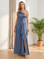 Elegant Stormy Satin A-Line One Shoulder Back Zip Ankle-Length Bridesmaid Dress - Curvevia