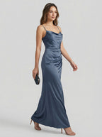 Elegant Stormy Satin column Straight Neck Back Zip Ankle-Length Bridesmaid Dress - Curvevia