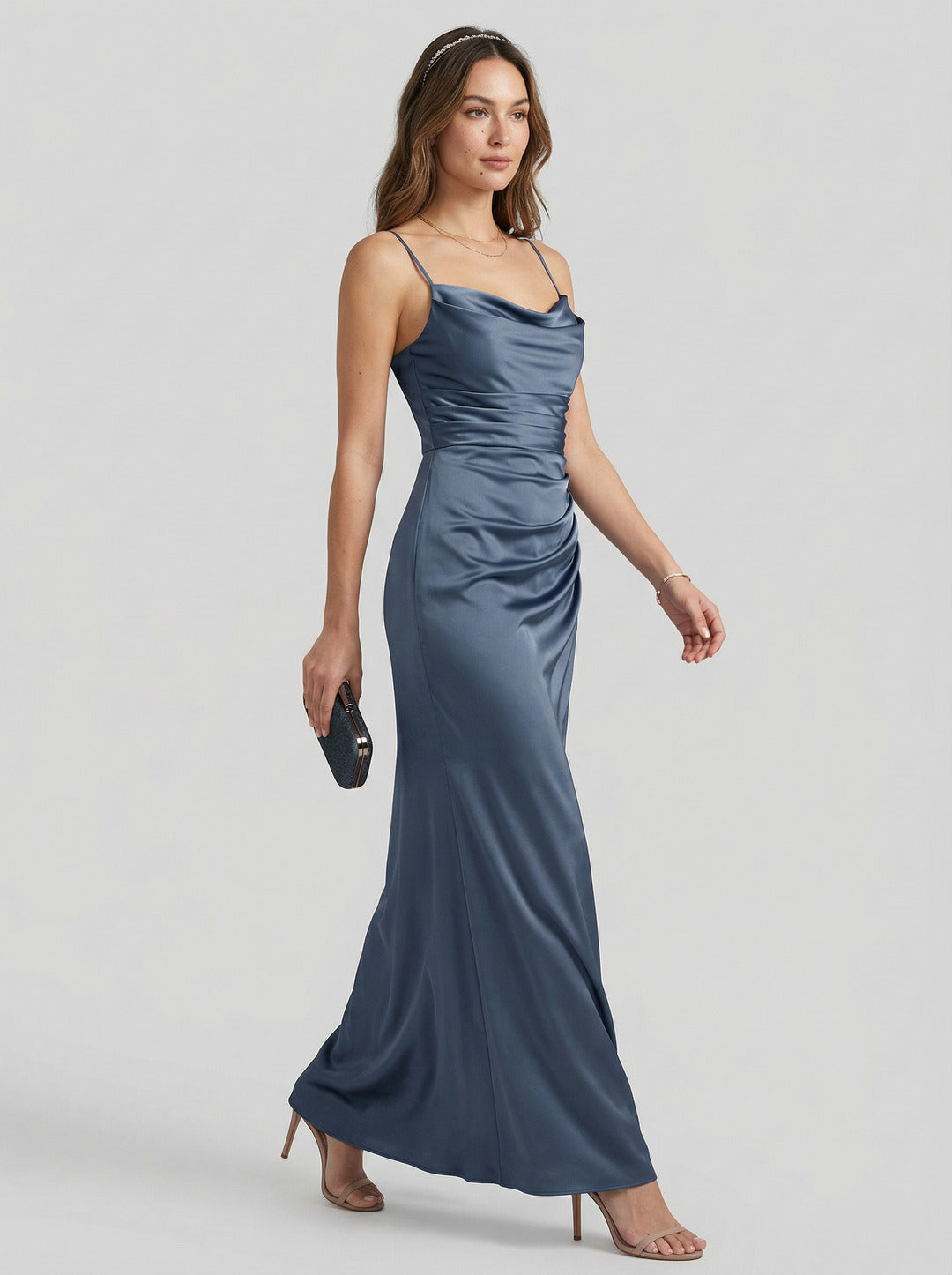 Elegant Stormy Satin column Straight Neck Back Zip Ankle-Length Bridesmaid Dress - Curvevia