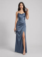 Elegant Stormy Satin column Straight Neck Back Zip Ankle-Length Bridesmaid Dress - Curvevia