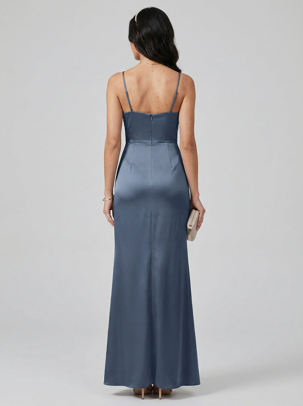 Elegant Stormy Satin column Straight Neck Back Zip Ankle-Length Bridesmaid Dress - Curvevia