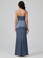 Elegant Stormy Satin column Straight Neck Back Zip Ankle-Length Bridesmaid Dress - Curvevia