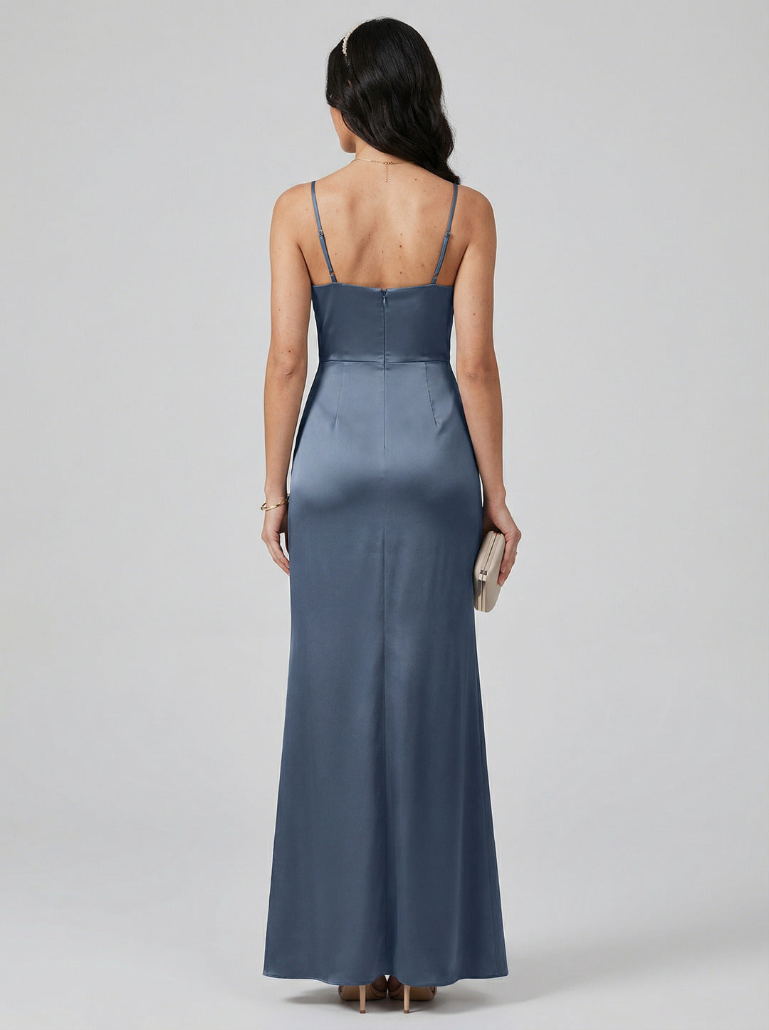 Elegant Stormy Satin column Straight Neck Back Zip Ankle-Length Bridesmaid Dress - Curvevia