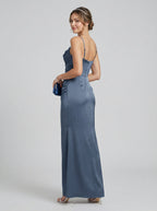 Elegant Stormy Satin column Straight Neck Back Zip Ankle-Length Bridesmaid Dress - Curvevia