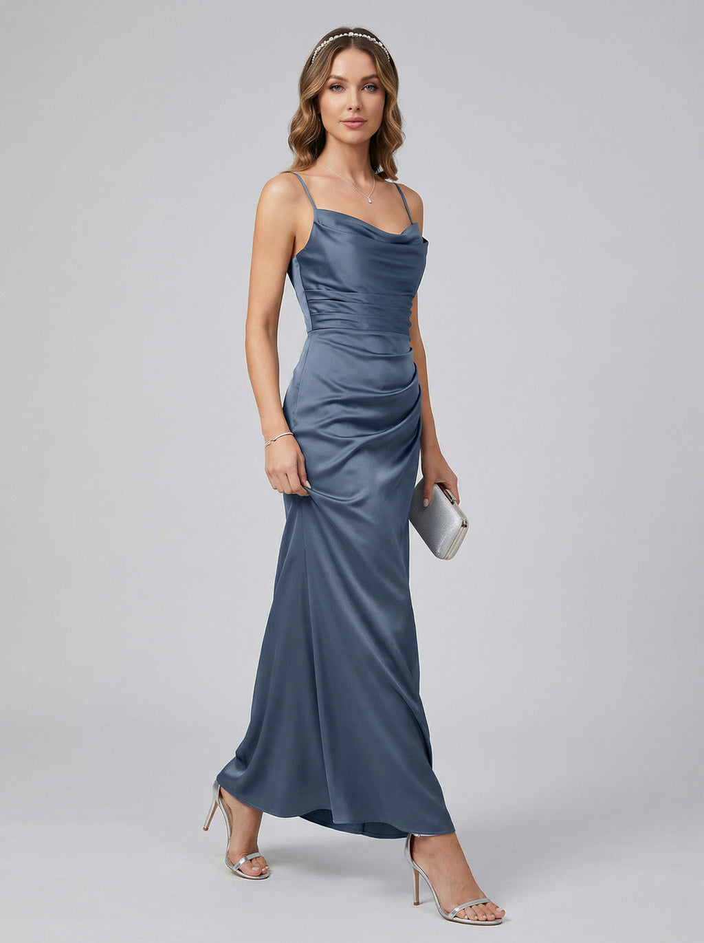 Elegant Stormy Satin column Straight Neck Back Zip Ankle-Length Bridesmaid Dress - Curvevia