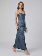 Elegant Stormy Satin column Straight Neck Back Zip Ankle-Length Bridesmaid Dress - Curvevia